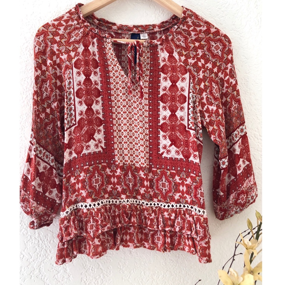 Francesca’s Burnt Orange and White Pattern Blouse